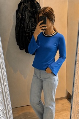 Heine Y2K Pullover Größe 36 Blau Trompetenärmel Vintage Top Zustand