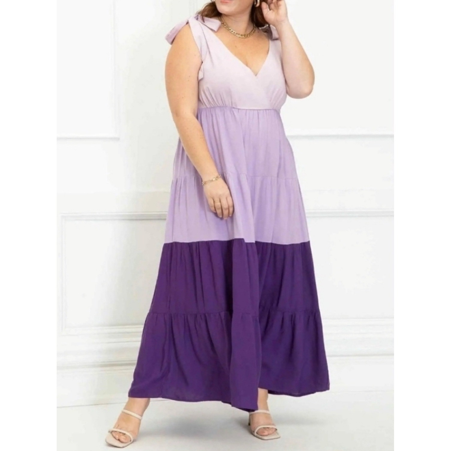 Eloquii Maxi Dress Size 18 Lavender Purple Tiered Colorblock Tie Shoulder Boho