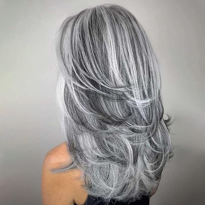 Grey Long Layered Wigs for Women Highlight Silver Wavy Gray Wigs Natural Synthet