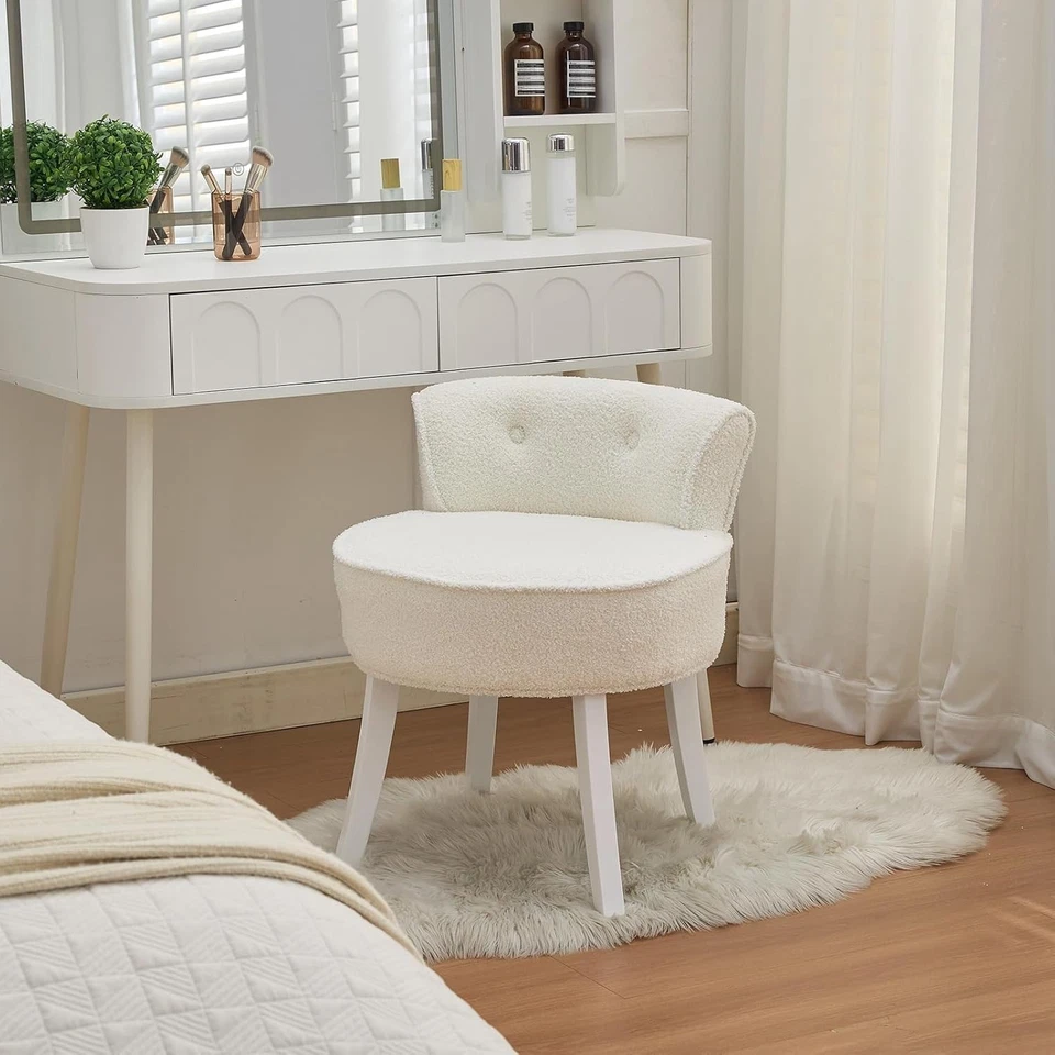 White Teddy Velvet Dressing Table Chair – Tufted Back Makeup Vanity Seat - Image 2 of 4