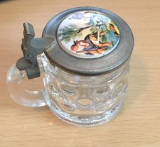 Mini BMF Glass Stein w Hinged Pewter Lid / Schnapskrugerl / Hunting Scene