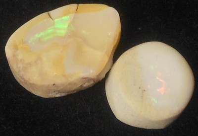 Australian White Opal Lot 2pcs 9.65ct total weight, 11-15mm green orange flash