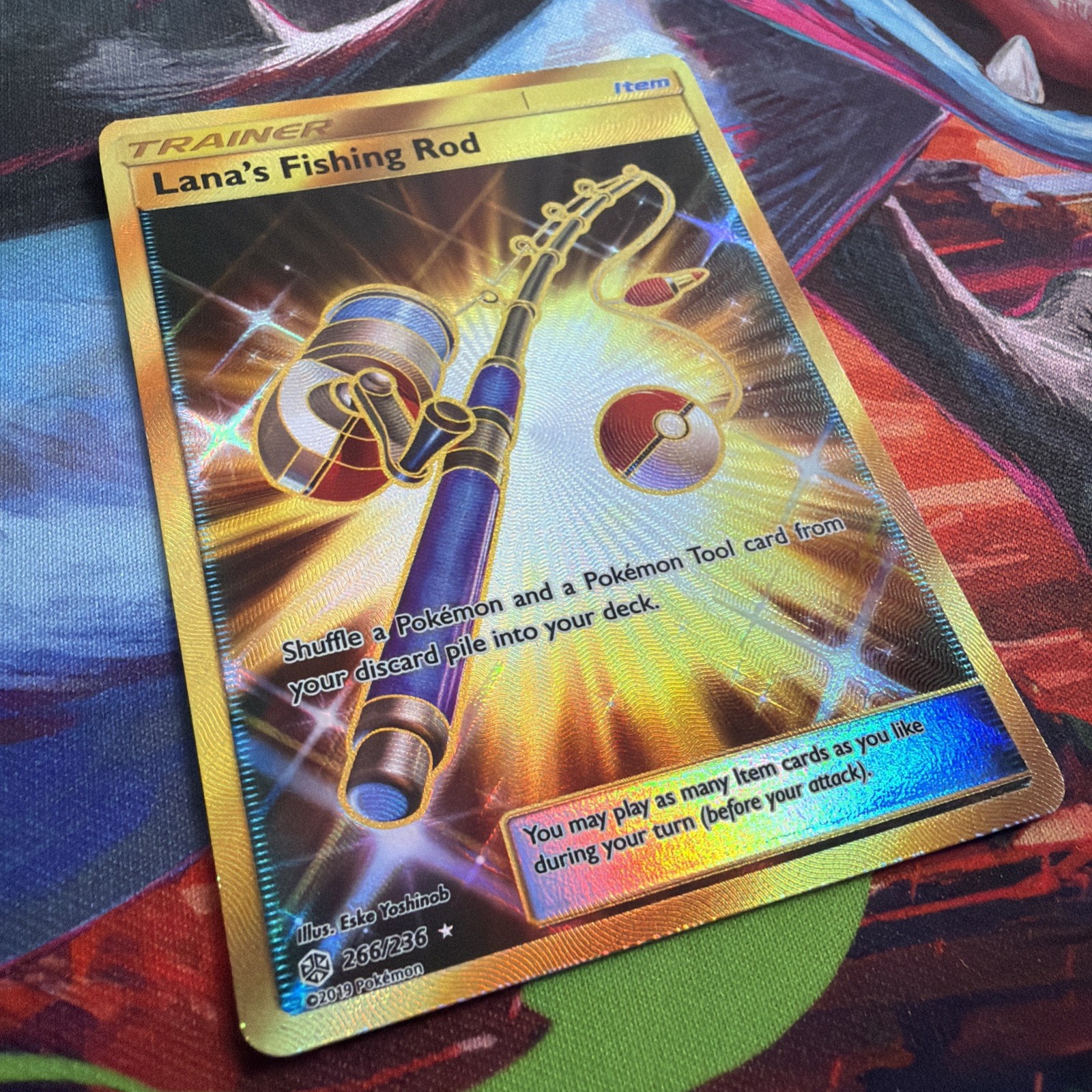 Pokemon TCG Lana's Fishing Rod Secret Holo Rare 266/236 Cosmic Eclipse