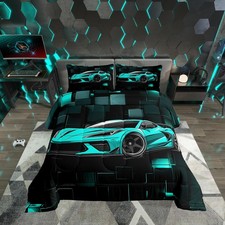 Racing Car Comforter Set King Blue Sports Car Bedding Set for Boys 3D Geometr...
