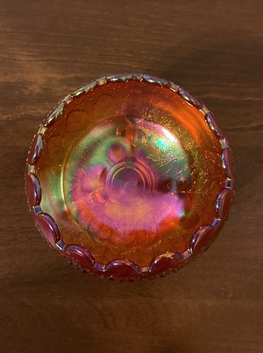 VTG Amberina Fenton Flowers Carnival Glass Orange Tree 3-Footed Rose Bowl Logo - Picture 5 of 9
