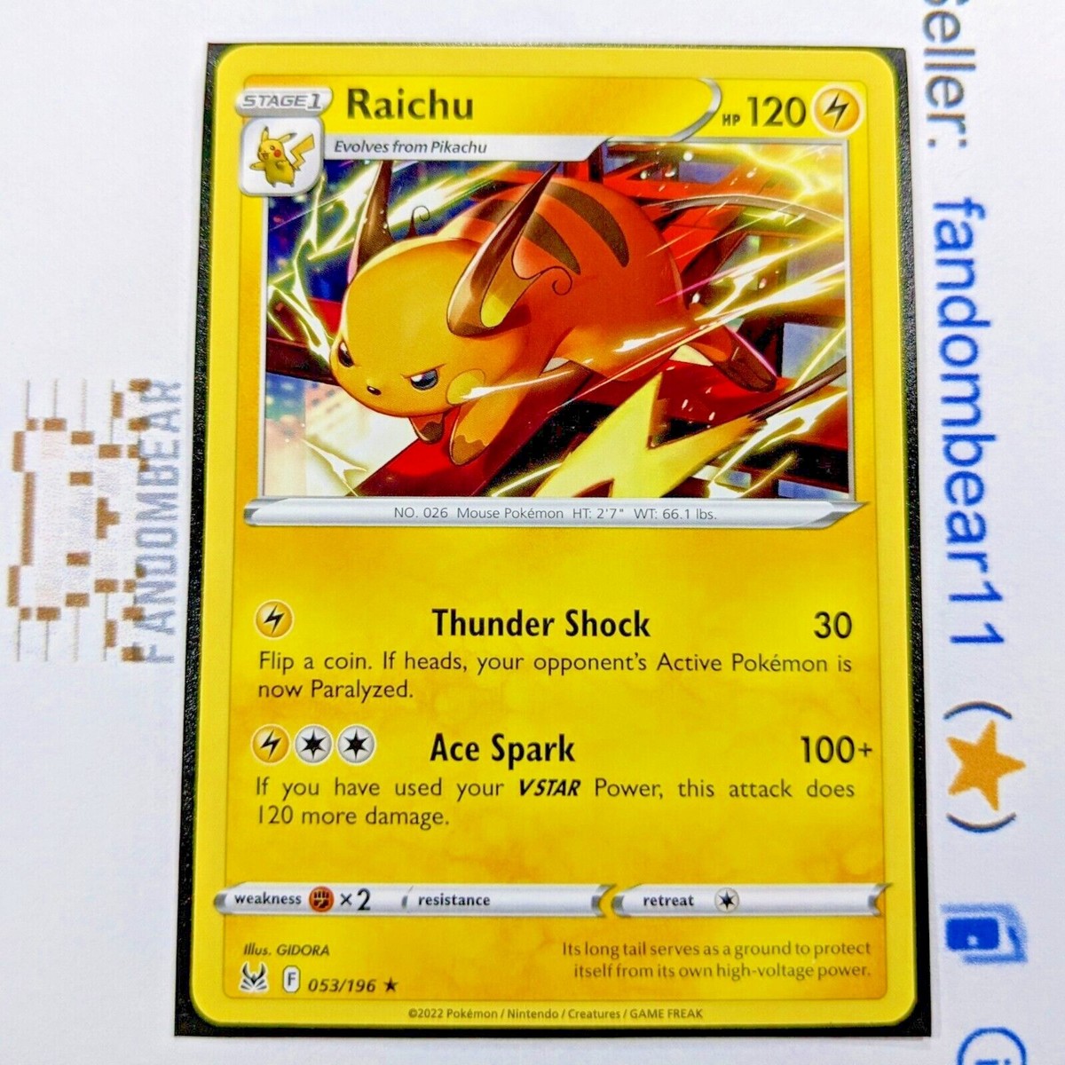 Raichu RARE card 053/196 Sword & Shield Lost Origin Pokemon 2022 | eBay