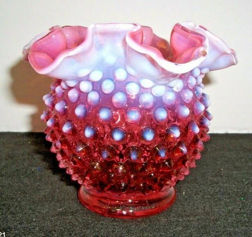 Fenton Cranberry Opalescent Hobnail Ruffled Vase 4.5" #232