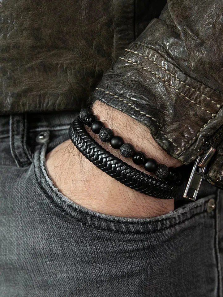 Pulsera pulsera de cuero negro trenzado con cierre magnético de acero inoxidable para hombre 2 piezas Foto 3 de 4