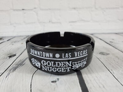 GOLDEN NUGGET Ashtray Gambling Hall DOWNTOWN Las Vegas VINTAGE 1970s Black Glass