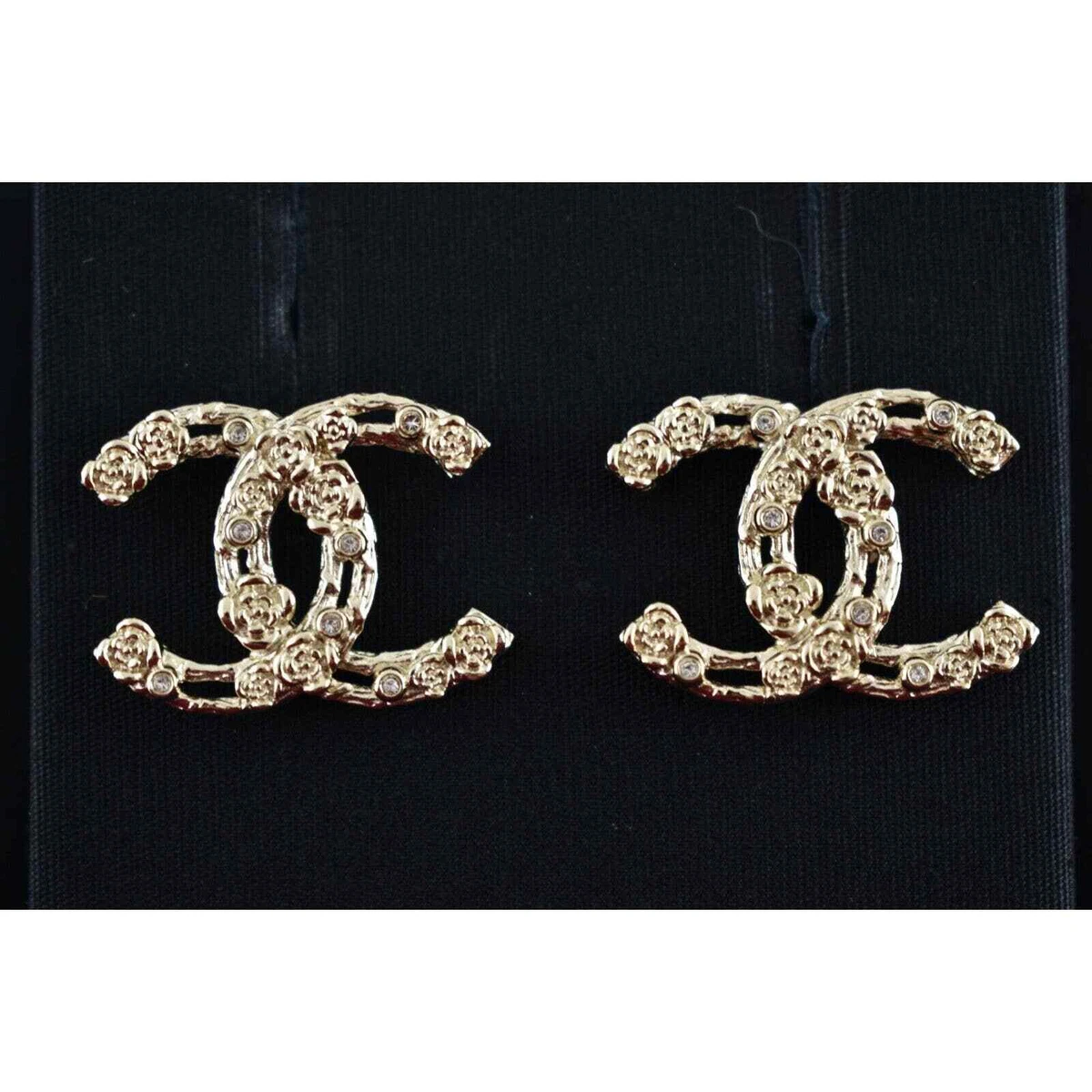 Chanel 22C Gold Crystal Camellia CC Logo Large Statement Drop Stud Earrings