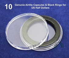 10 GENUINE Airtite Coin Capsules w 30mm Black Rings for US Half Dollars