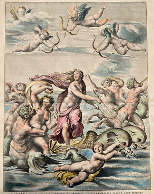 Italian Engraving dated1693  Raphael  Triumph of Galatea  Mythology Hand Colored