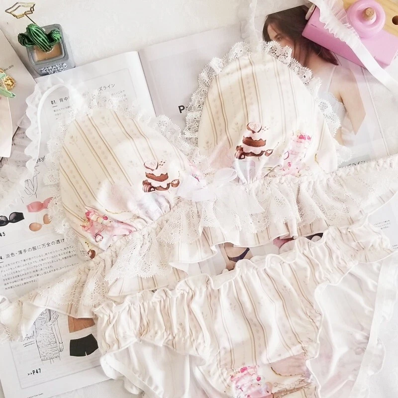 Ropa interior japonesa Lolita niñas lindo estudiante con volantes sujetador conjuntos calzoncillos bragas con moño Foto 3 de 4