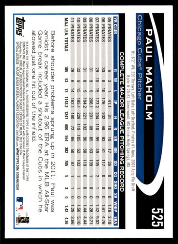 2012 Topps Paul Maholm Baseball Cards #525 - Picture 2 of 2