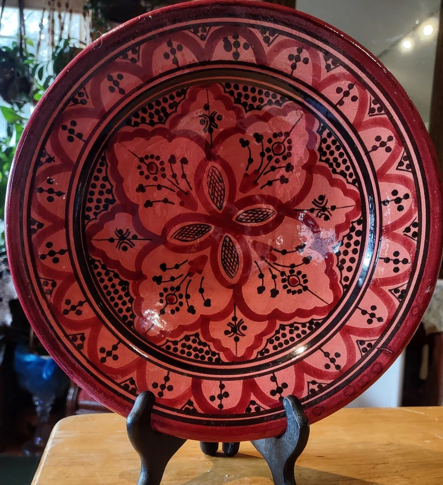 Morroccan Bowl/Plate Red Clay Ceramic Hand Made Hand Painted 10" Signed Vintage - Image 3 of 4