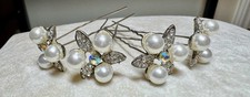 VTG Lot 4 Bridal Glam Hair Pins Silver Tone AB Rhinestones Faux Pearls Glam 80s