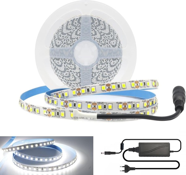 Led Streifen Set 12V 5M 600 Leds Kaltweiß 6000K Mit Netzteil FüR-image
