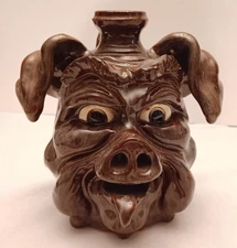 Dwayne Crocker Southern Folkart Pottery Pig Face Jug 2007 Brown Glossy Halloween