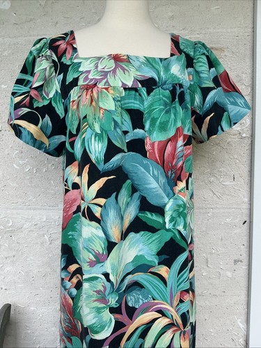 Vintage MuuMuu Maxikleid Large Handmade Tropical Print Floral Hawaii Tiki 80er