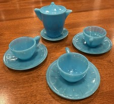 1940 s Akro Agate Blue Slag Glass Mini Tea Set Saucers Plates Cups Teapot - 9 Pc