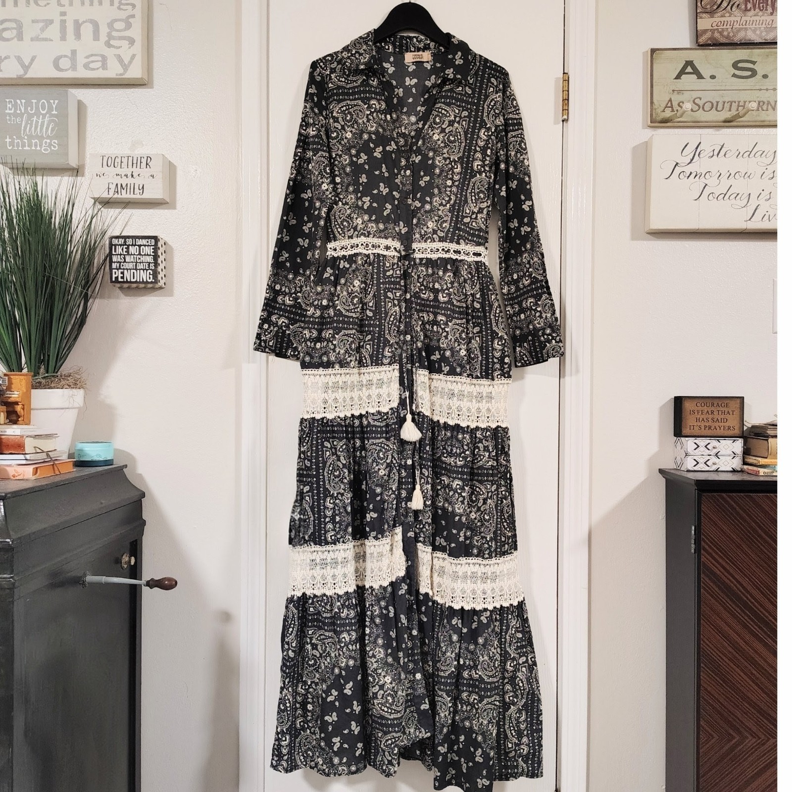 Italian Cotton Madame Urbana Bandana Print Maxi Dress Women's Medium Bohemian