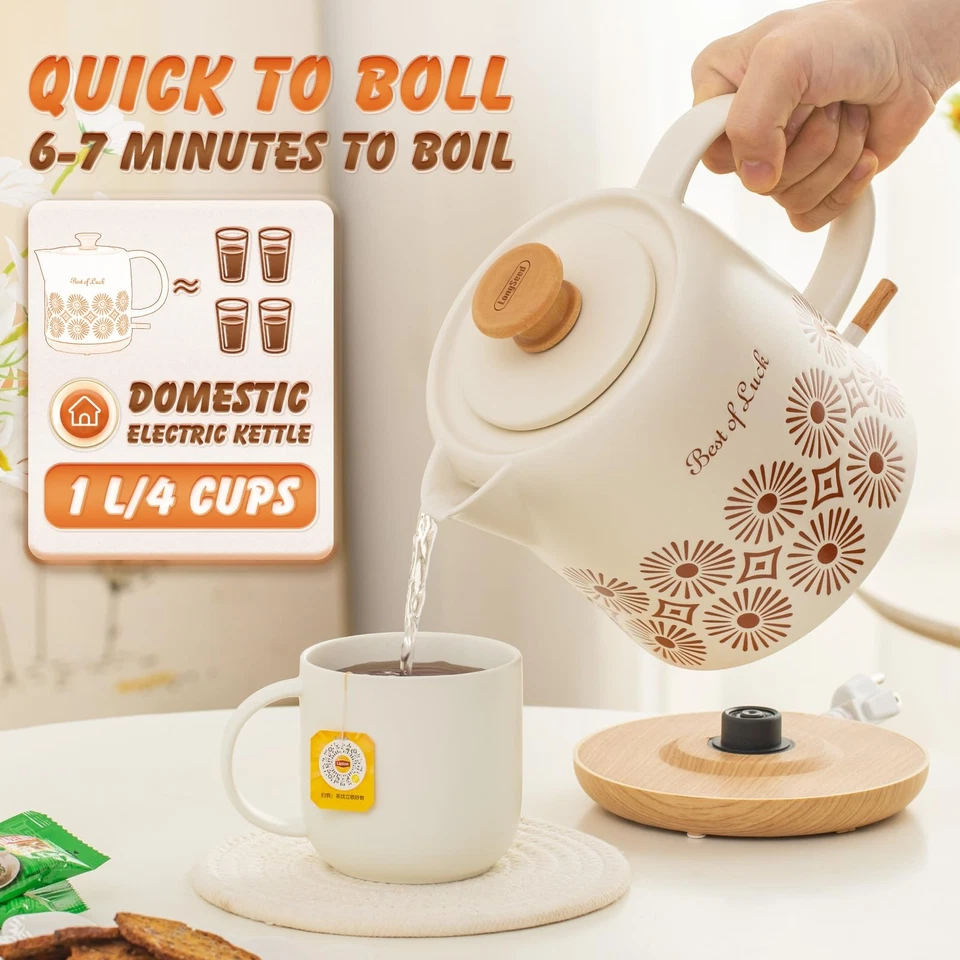 Hervidor eléctrico de cerámica 1 cuarto de galón, apagado automático, tetera de porcelana, caliente con... Foto 3 de 4