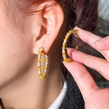 Women Chic Gold Plated Slim Baguette Cubic Zirconia Hoop Earrings Party Jewelry