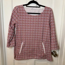 Talbots Hello Saturday Women’s M Pullover Tunic Top Red Geo Zip Pockets Cotton