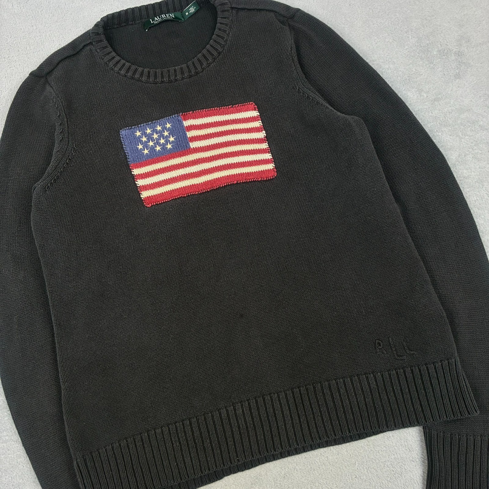 Women's VTG Lauren Ralph Lauren 2000's Y2K USA Flag Black Medium Knitted Jumper image 2