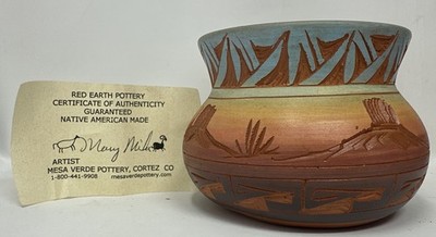 Signed Mary Mike Native American Red Earth Pottery Mesa Verde Incised Pot 3 H CA