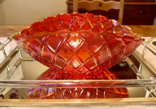 Imperial Carnival Glass Bowl Red Orange Ruffled Scalloped Rim Glowing Glass