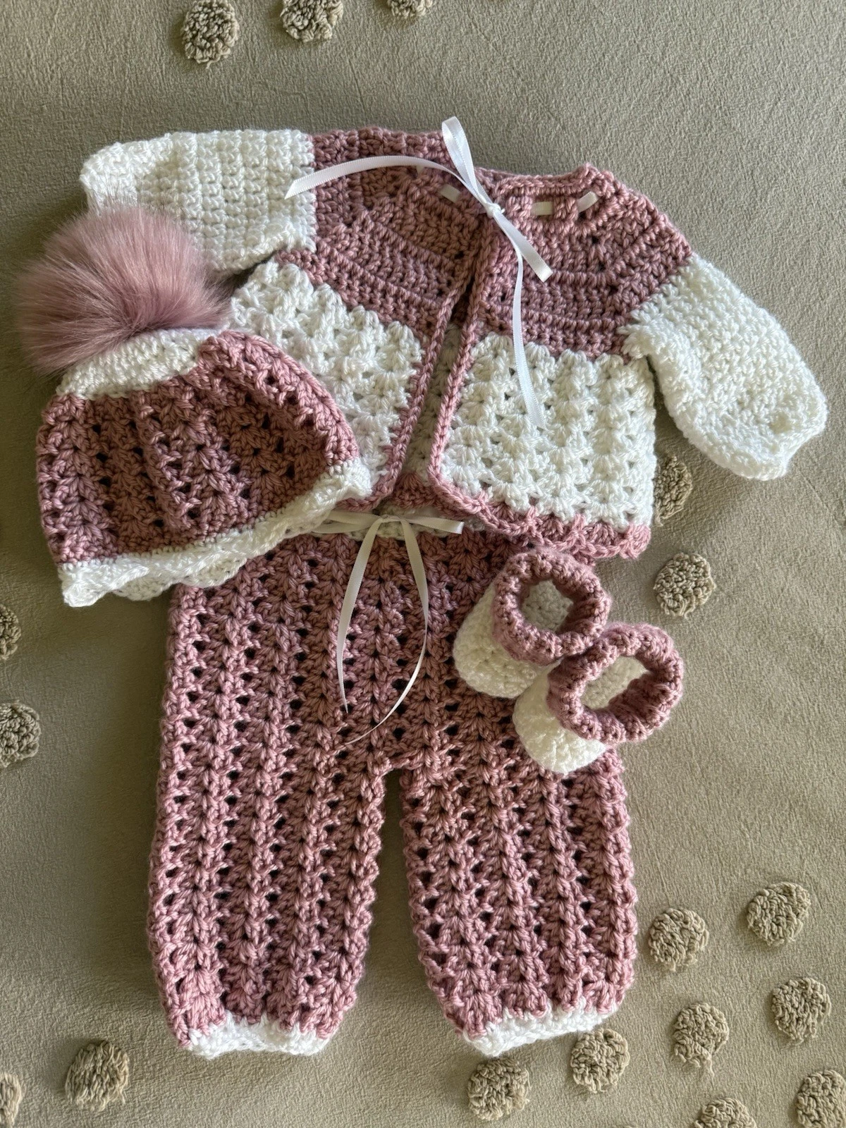 Preemie To Small New Born* Crocheted 4 Pc Sweater Set*Sweater*Pants*Hat*Boots