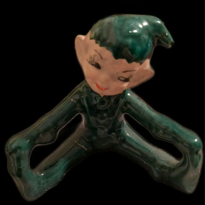Vintage Repaired Green Ceramic Pixie Elf Touching Toes ''Gilner?''  Circa 1950's