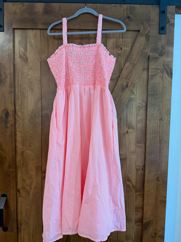 Vineyard Vines Pink/White Striped Smocked Ruffle Square Neck Midi Sundress L