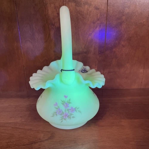 Fenton Hand painted Custard Glass Basket UV Reactive Ruffle Edge Signed