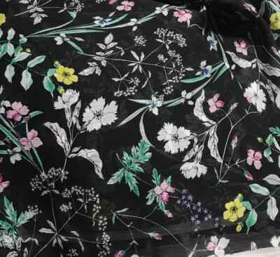 3 Yards - Black with Flowers - Polyester Chiffon Fabric
