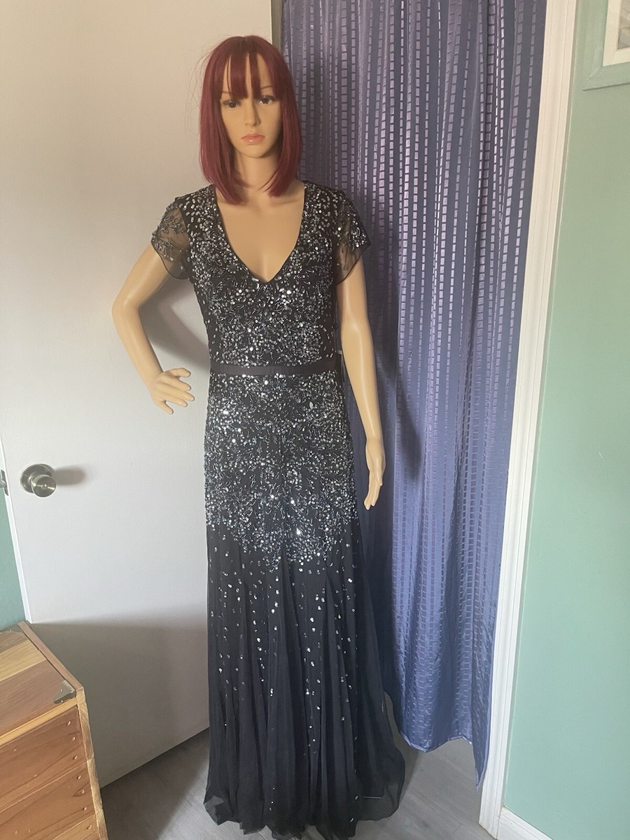 Adrianna Papell Black Beaded Sequin Maxi Dress Size 6 Tall - 65” ($300)  Vintage