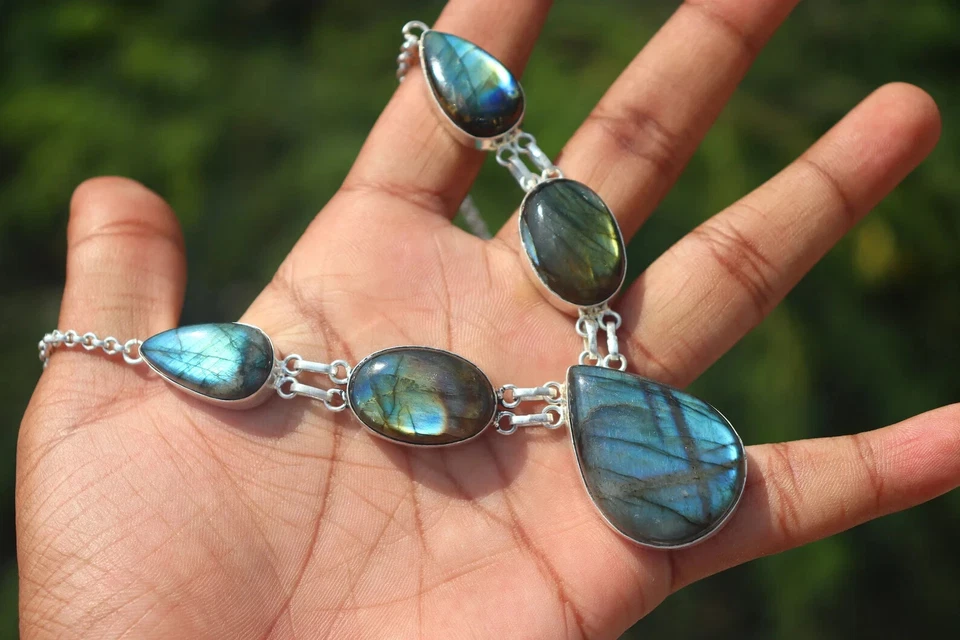 Colar vintage de labradorita de fogo prata 925 colar de pedra preciosa labradorita MJO5 - Imagem 2 de 4