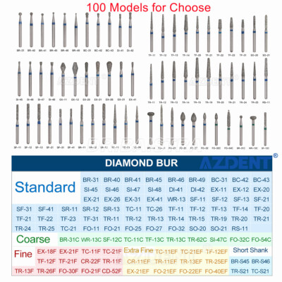 100pcs Dental Diamond Burs Friction Grip 1.6mm for High Speed Handpiece AZDENT