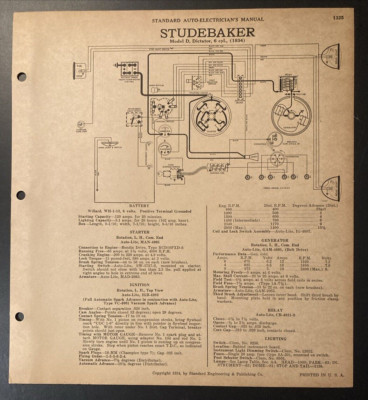 1934 Studebaker Model D Dictator Model B Commander Auto Electrical Schematic