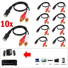 10 3.5mm Stereo Female Mini Jack to 2 Male RCA to Headphone Plug Adapter Y-Cable