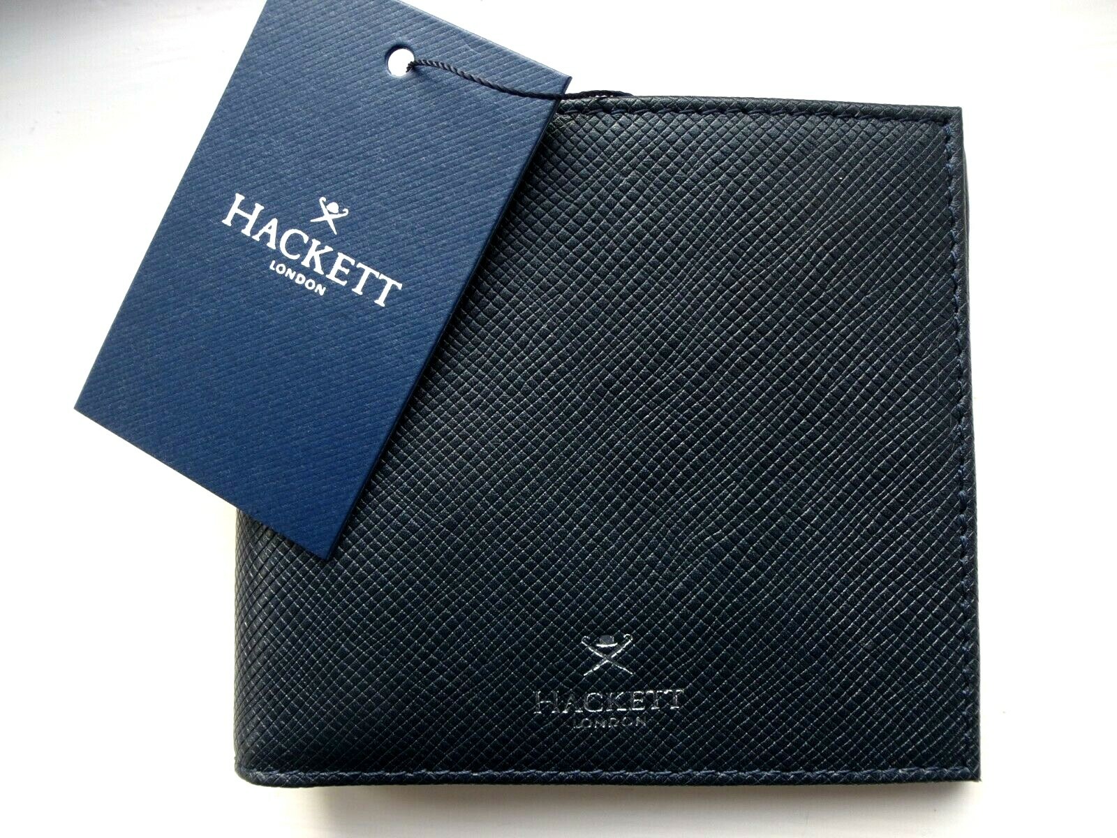 Genuine HACKETT London Navy LEATHER Billfold WALLET Holds Cards Notes IN BOX
