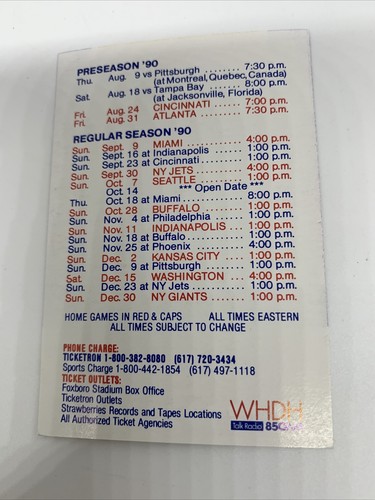 1990 New England Patriots NFL Pocket Schedule Sponsor WHDH Talk Radio 850AM - Picture 2 of 2
