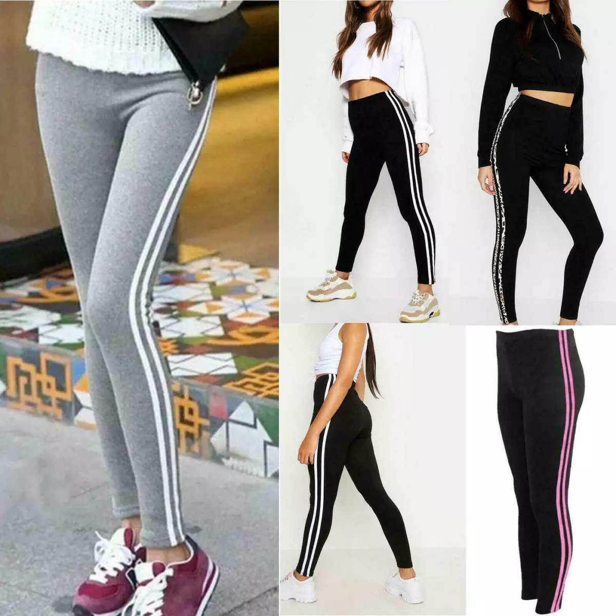 Womens Ladies Contrast 2 Side Stripe Leggings Gym Stretchy Skinny Pants  Trouser