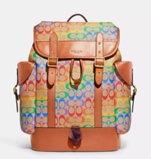 NWT COACH CA282 Hitch Backpack In Rainbow Signature Canvas Leather Pride Saddle