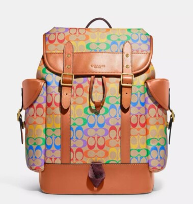 NWT COACH CA282 Hitch Backpack In Rainbow Signature Canvas Leather
