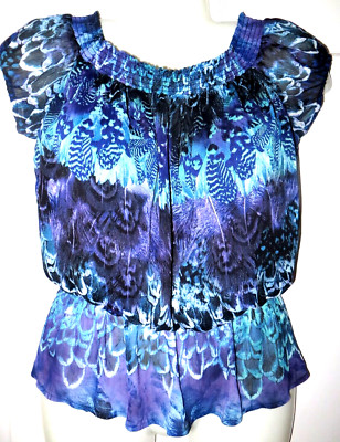 Cache On/Off Shoulders Blue Print Top Sz S