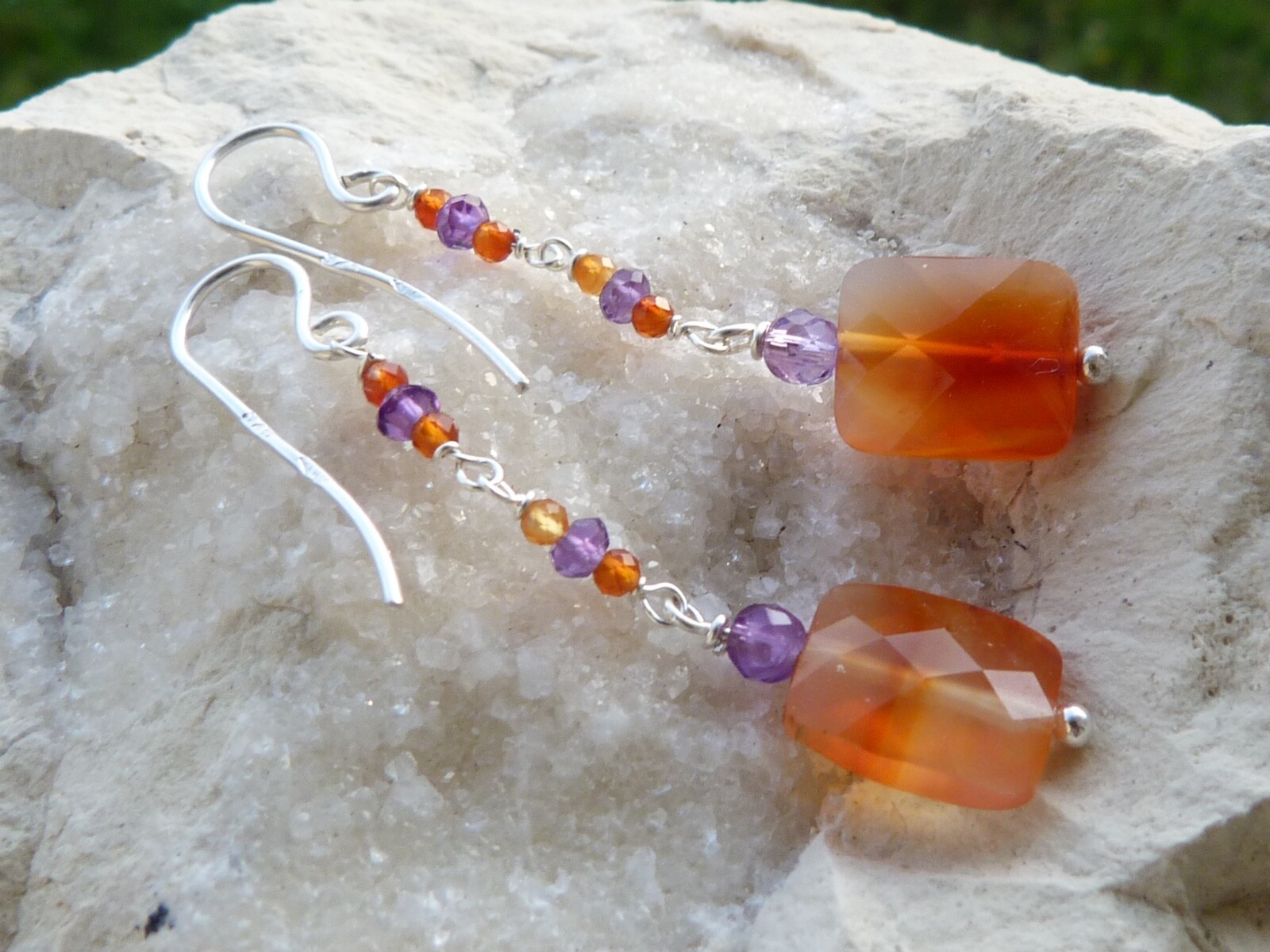 Boucles d'oreilles argent cornalines anti-allergie améthystes violettes