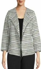 Kasper Blazer Jacket Size Petite Small Black White Tweed Jacquard Fringe Nc271
