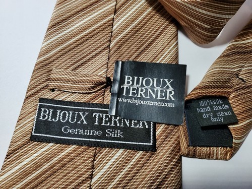 BIJOUX TERNER New Tie 100% Silk Brown, Tan, White Fine Striped. W-3 3/4” L-57” - Picture 3 of 5